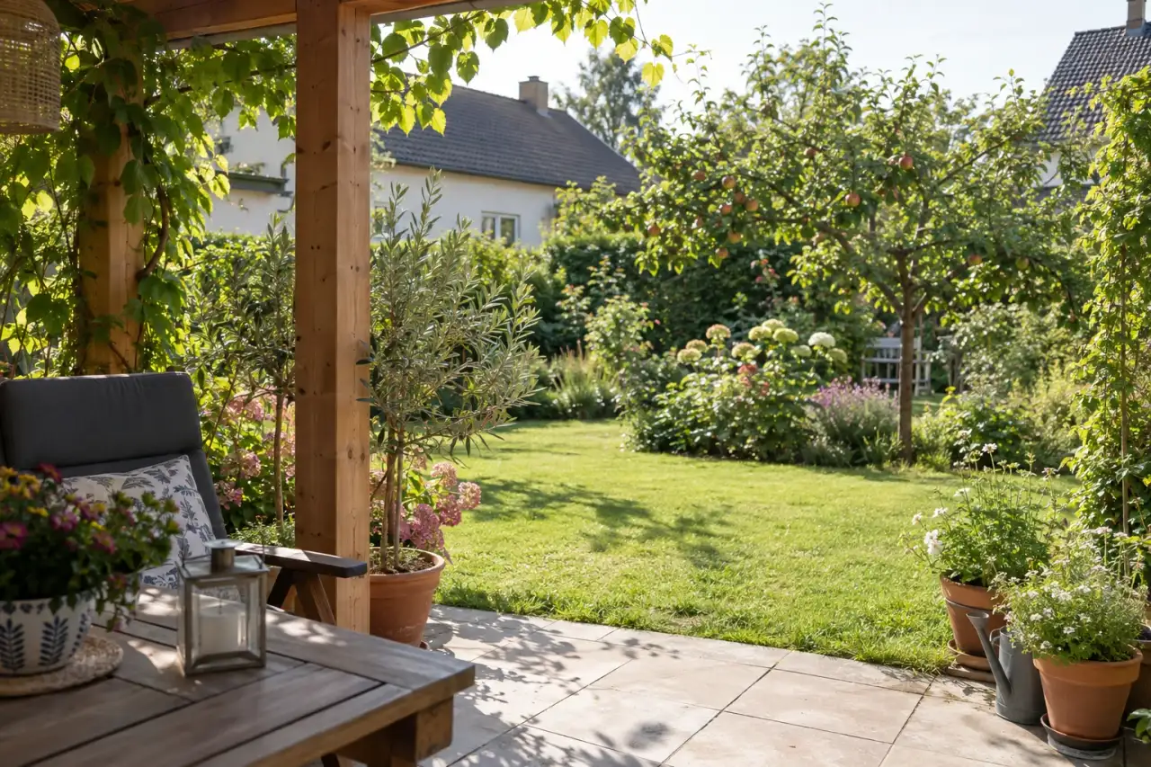 Offener Blick von der Pergola über Rasen und Gehölze.