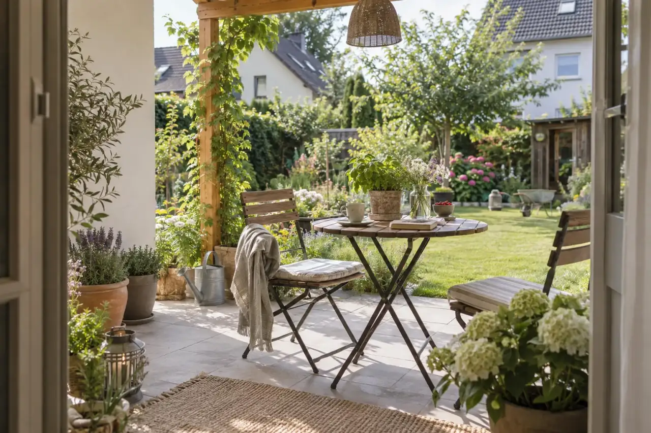 Bistroplatz nahe der Haustür mit Blick in den Garten.