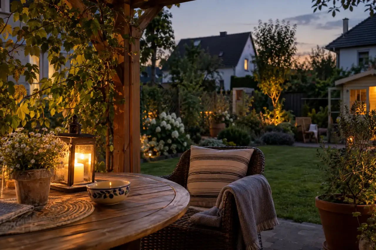 Warmes Tischlicht unter einer Pergola bei ruhigem Abendgarten.