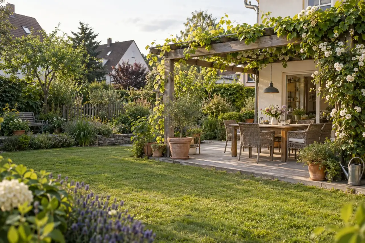 Wohnliche Pergola mit Kletterpflanzen und Esstisch im Garten.