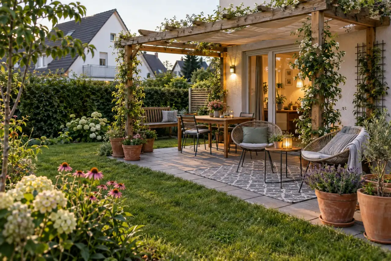 Eine Pergola mit Bank, Tisch, Rankhilfe, Töpfen, Teppich und Tischlicht.