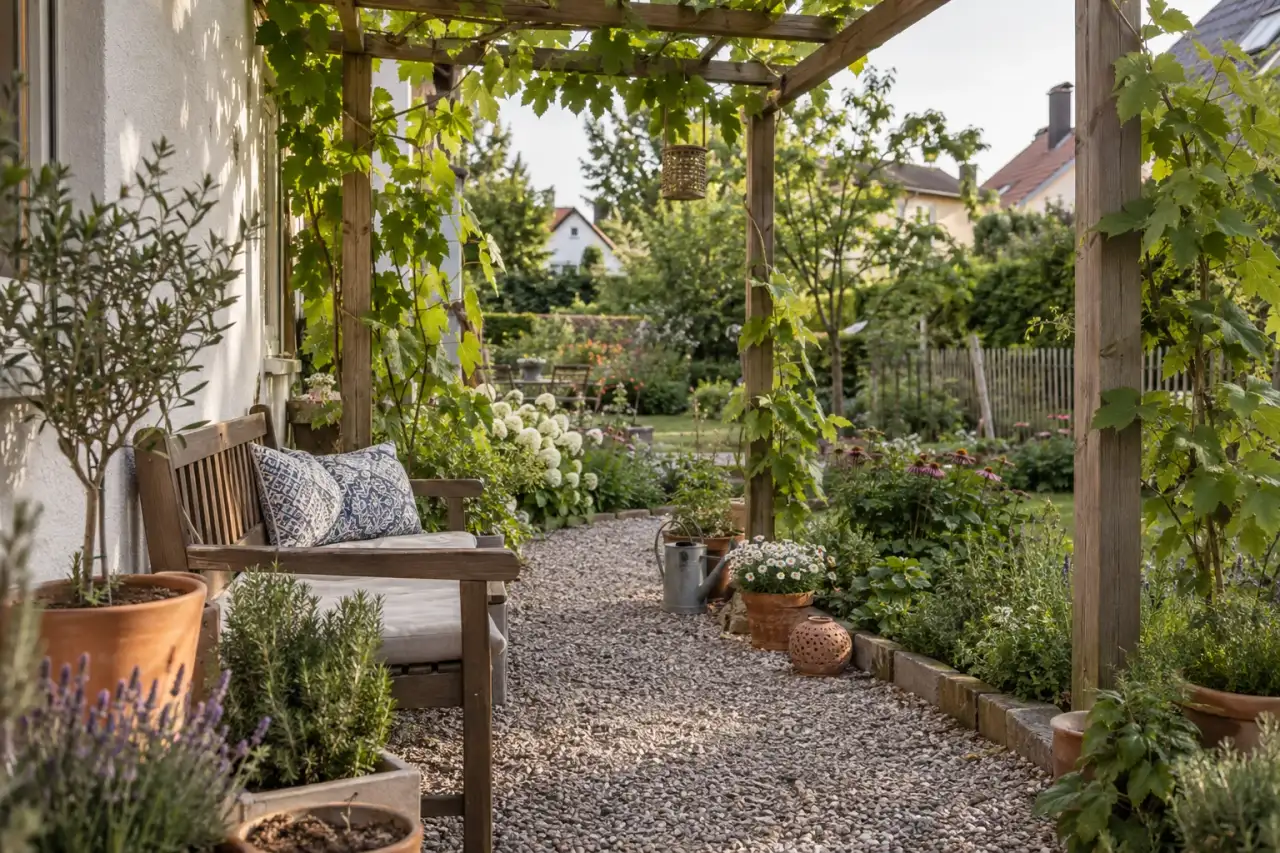 Einfache Holzbank unter einer schmalen Pergola.