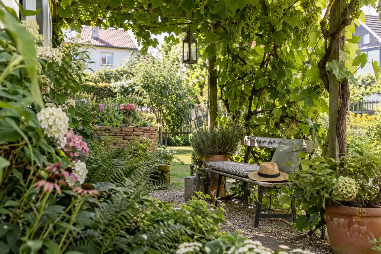 Dicht begrünte Pergola mit Bank aus der Nähe der Pflanzung.