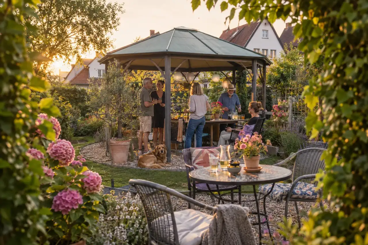 Pavillon auf einer runden Kiesfläche als geselliger Gartenmittelpunkt.