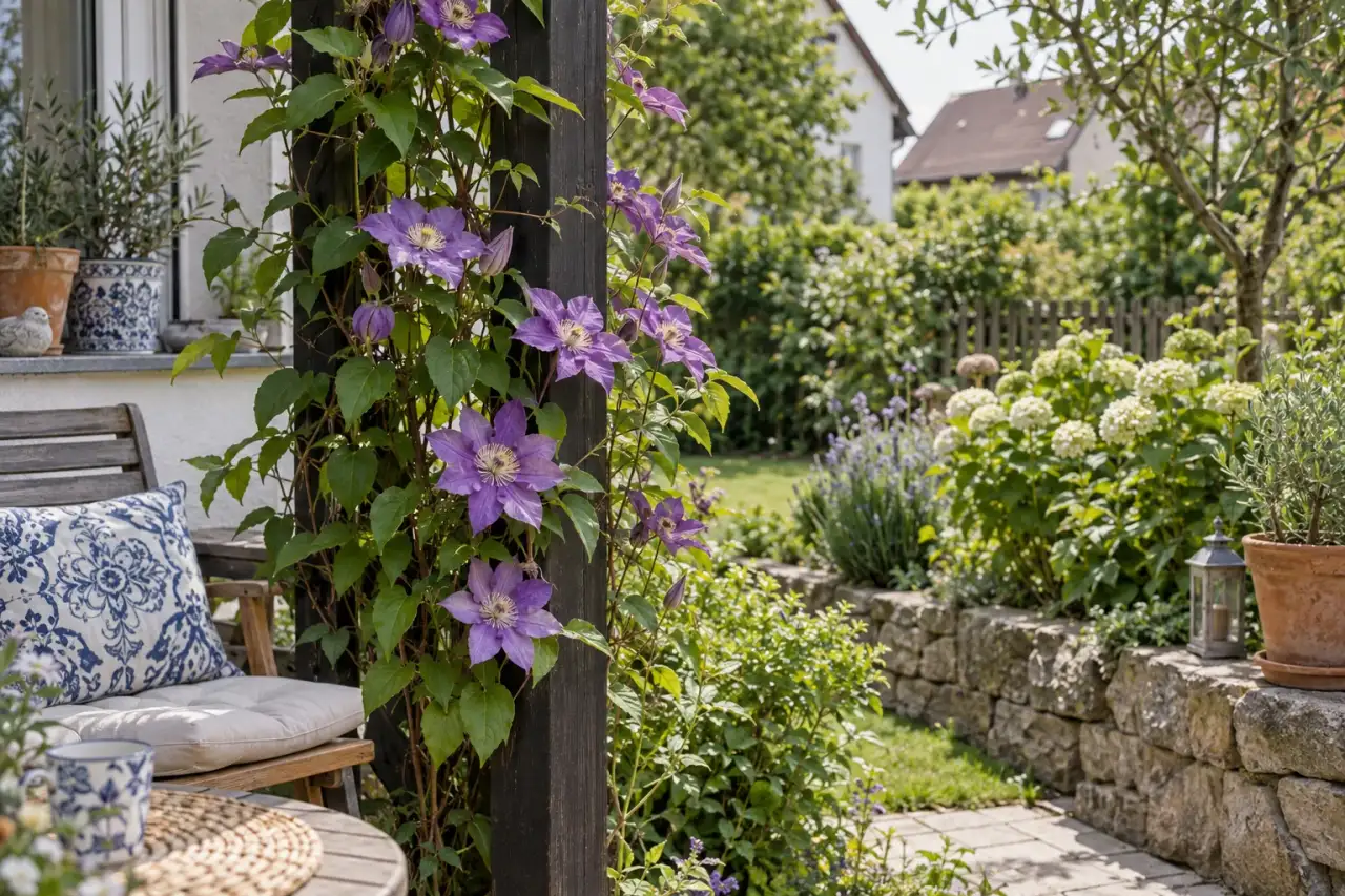 Clematis an einer schlanken Pergola neben einem Gartenstuhl.