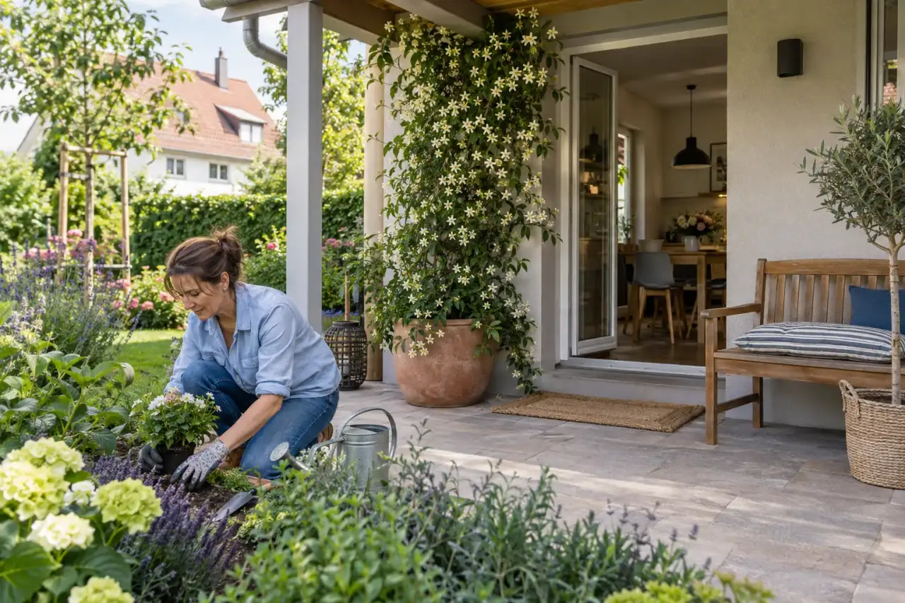 Jasmin im Topf am überdachten Übergang zum Haus.