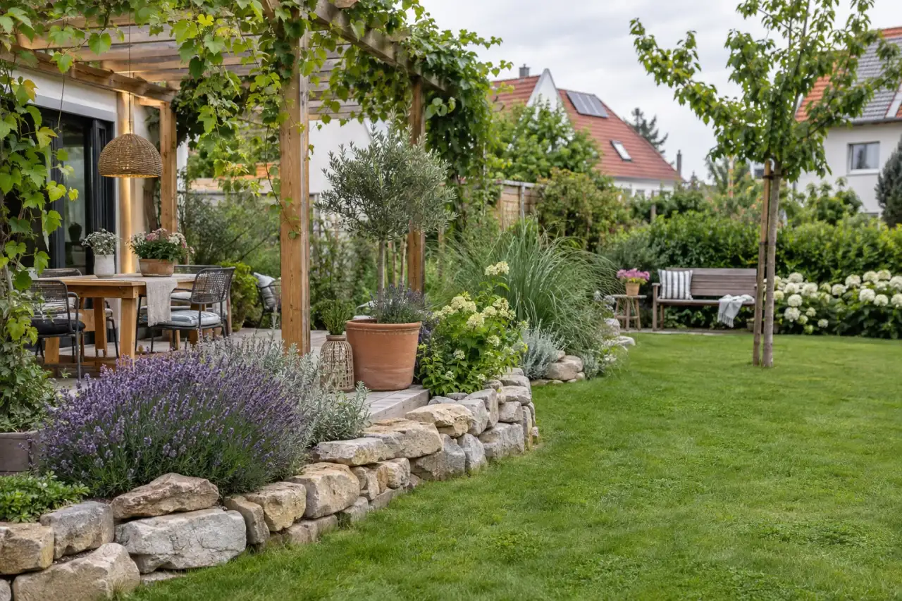 Niedrige Natursteinkante an Pergola und Rasen.
