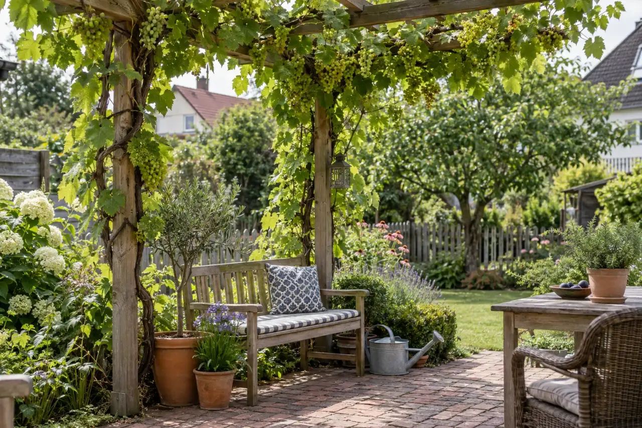 Weinrebe an einer Holzpergola über einer einfachen Bank.
