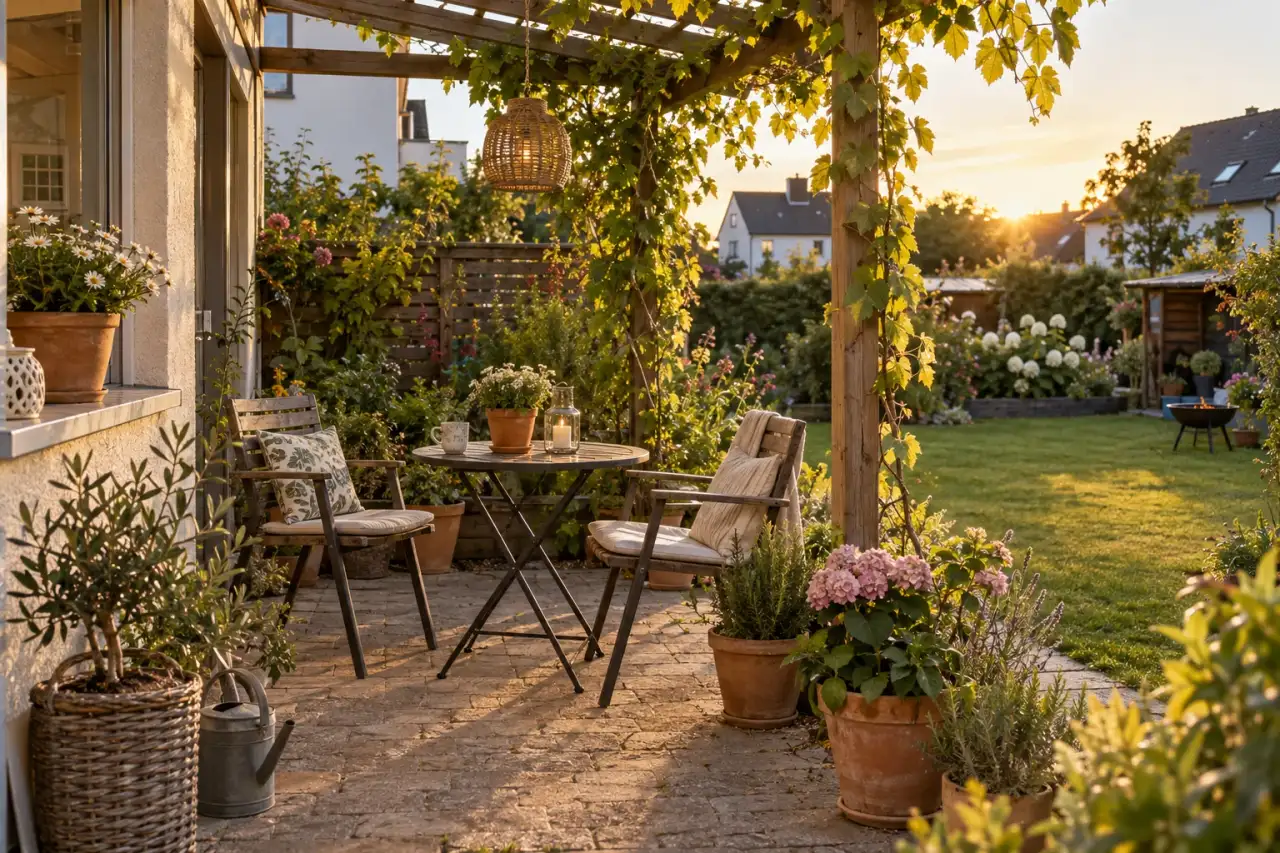 Ruhiger, begrünt wirkender Sitzplatz unter einer Pergola am Abend.