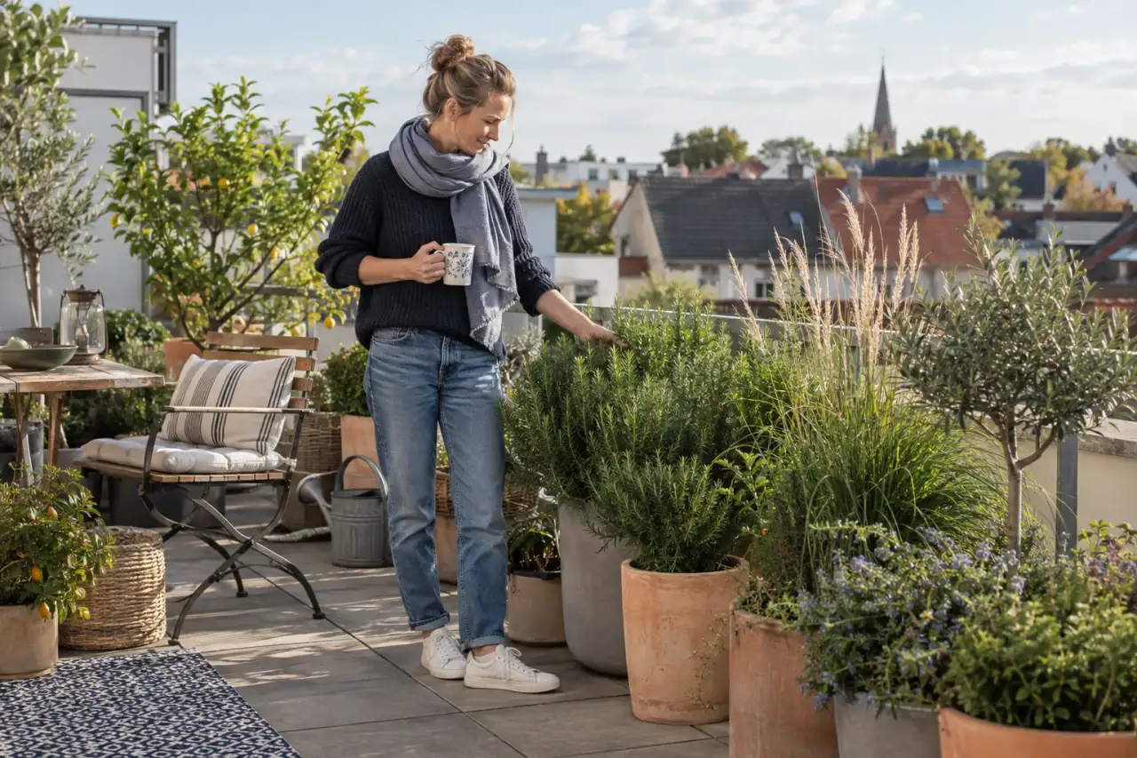 Robuste Kübelpflanzen gestalten eine windoffene Dachterrasse.