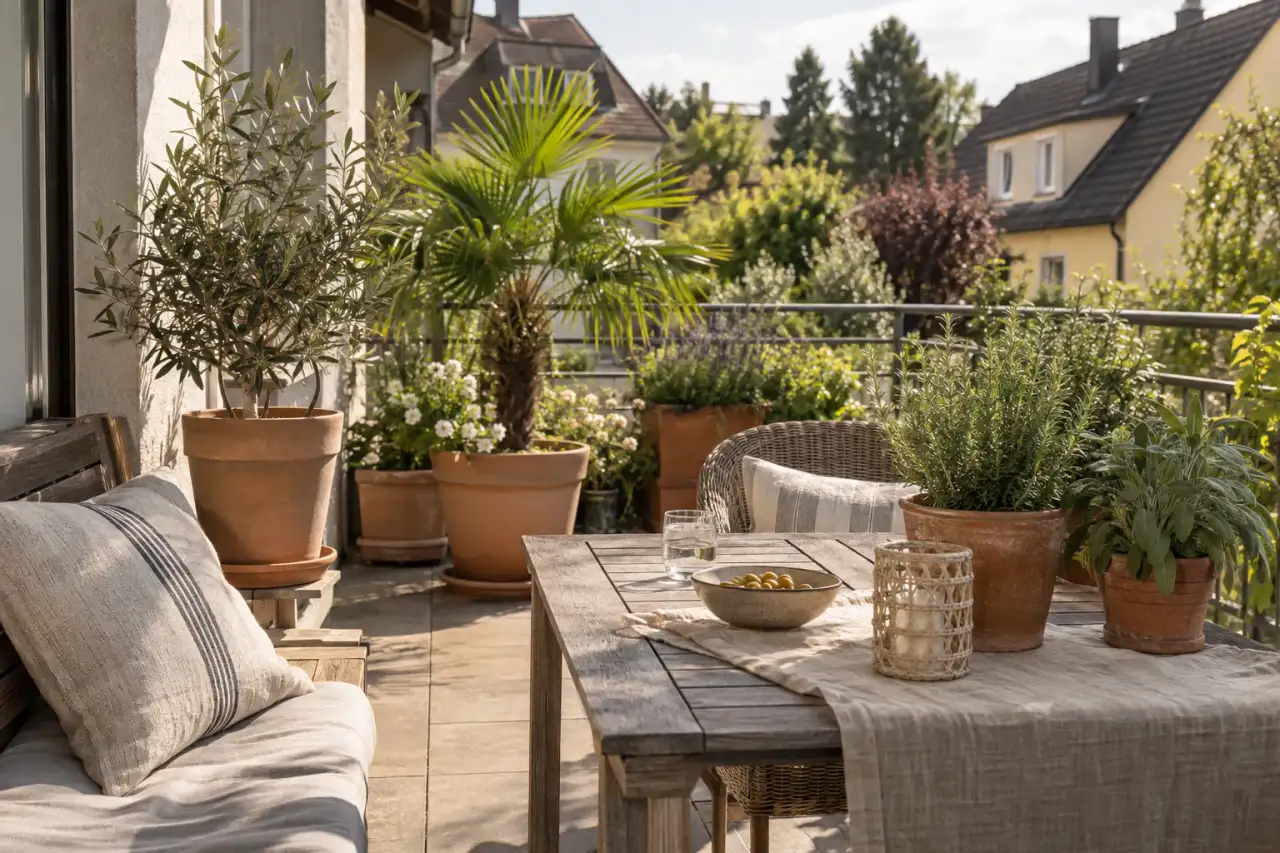 Mediterran inspirierte Terrasse mit Kräutern, Terrakotta und Palme.
