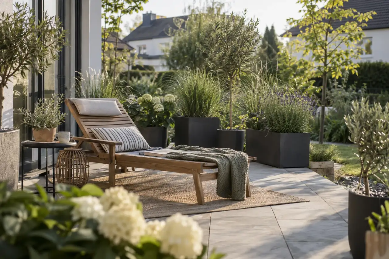 Ruhige Terrasse mit wiederholten Gräsern und Blattpflanzen.