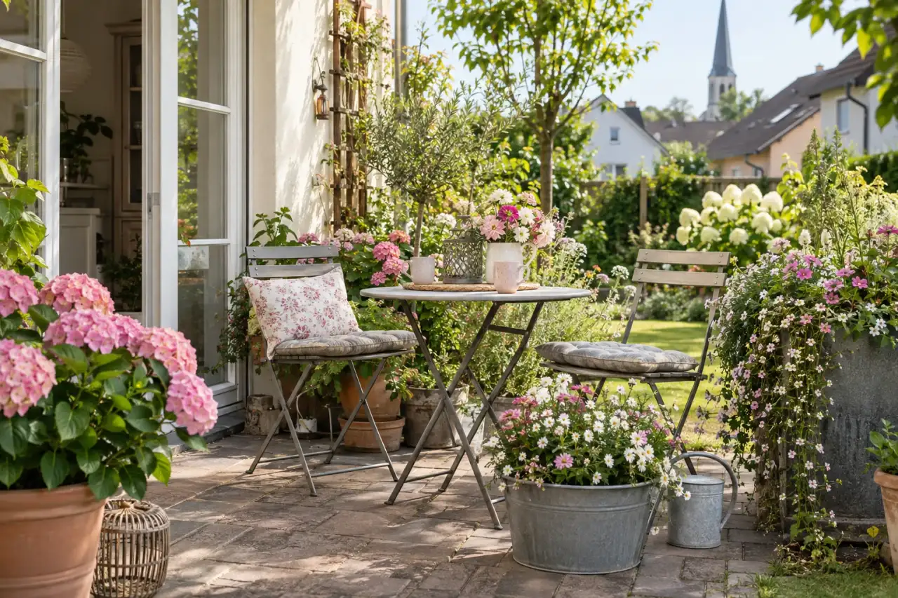 Lebendiger sommerlicher Sitzplatz mit Blüten und Hängepflanzen.