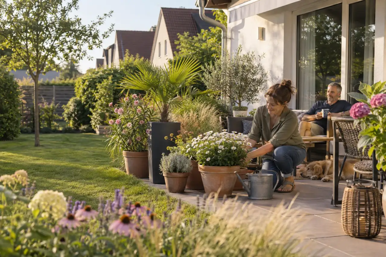 Wohnliche Terrasse mit unterschiedlichen Pflanzkübeln, Gräsern und Blüten.