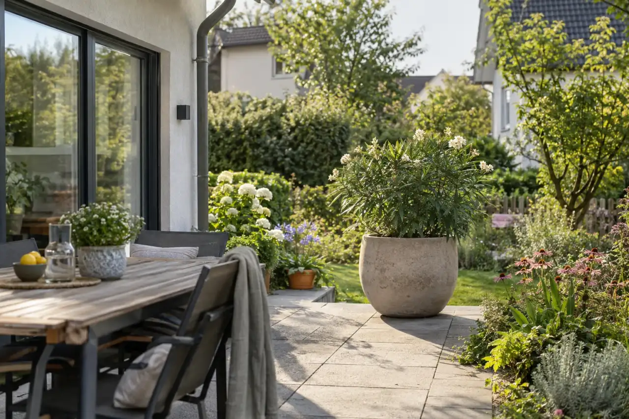 Markanter Solitärkübel am Ende einer Terrasse.