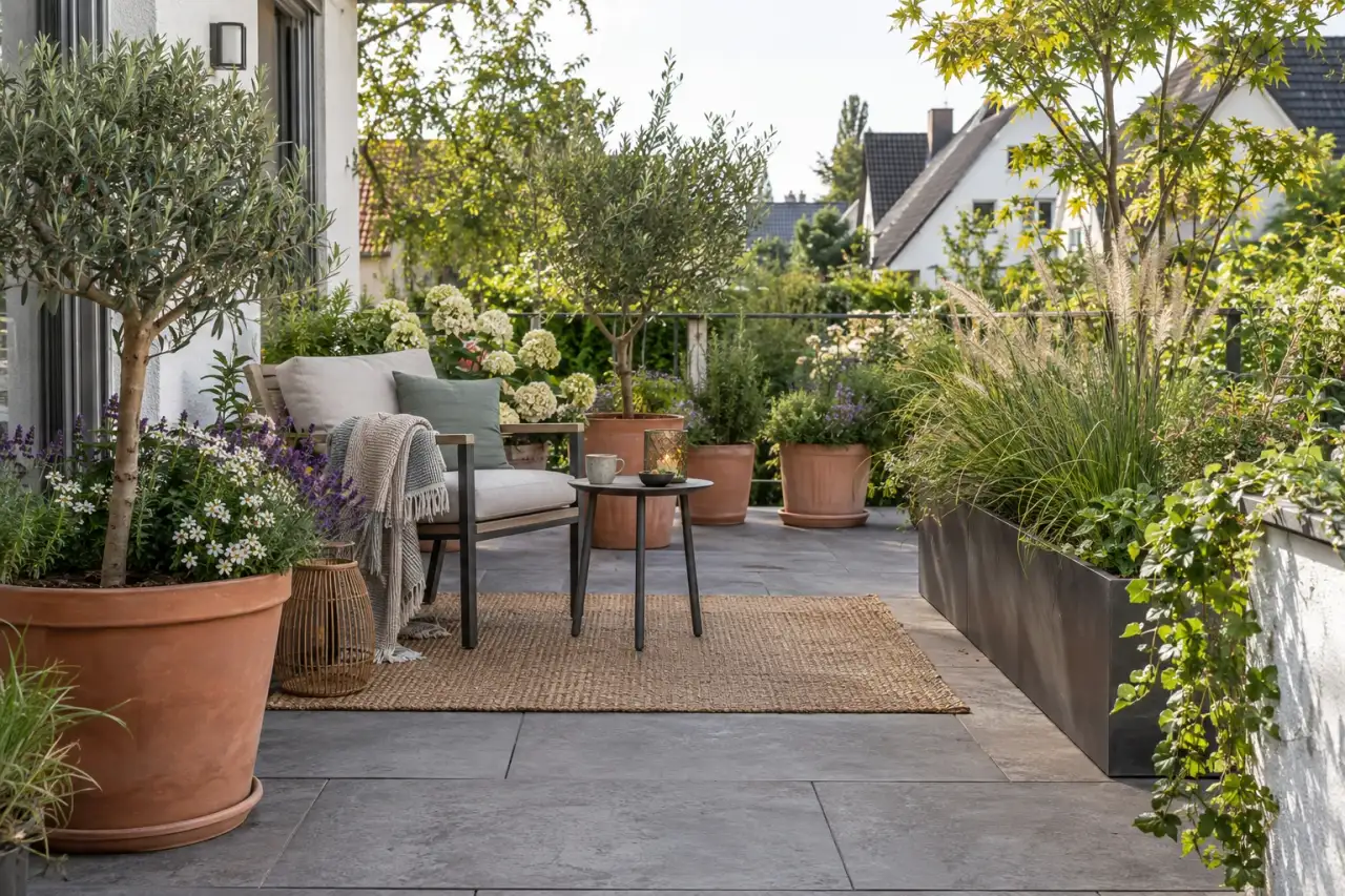 Eine Terrasse mit Solitärkübel, Wiederholung, Trog, Hängepflanzen, Staffelung und Sitzplatz.