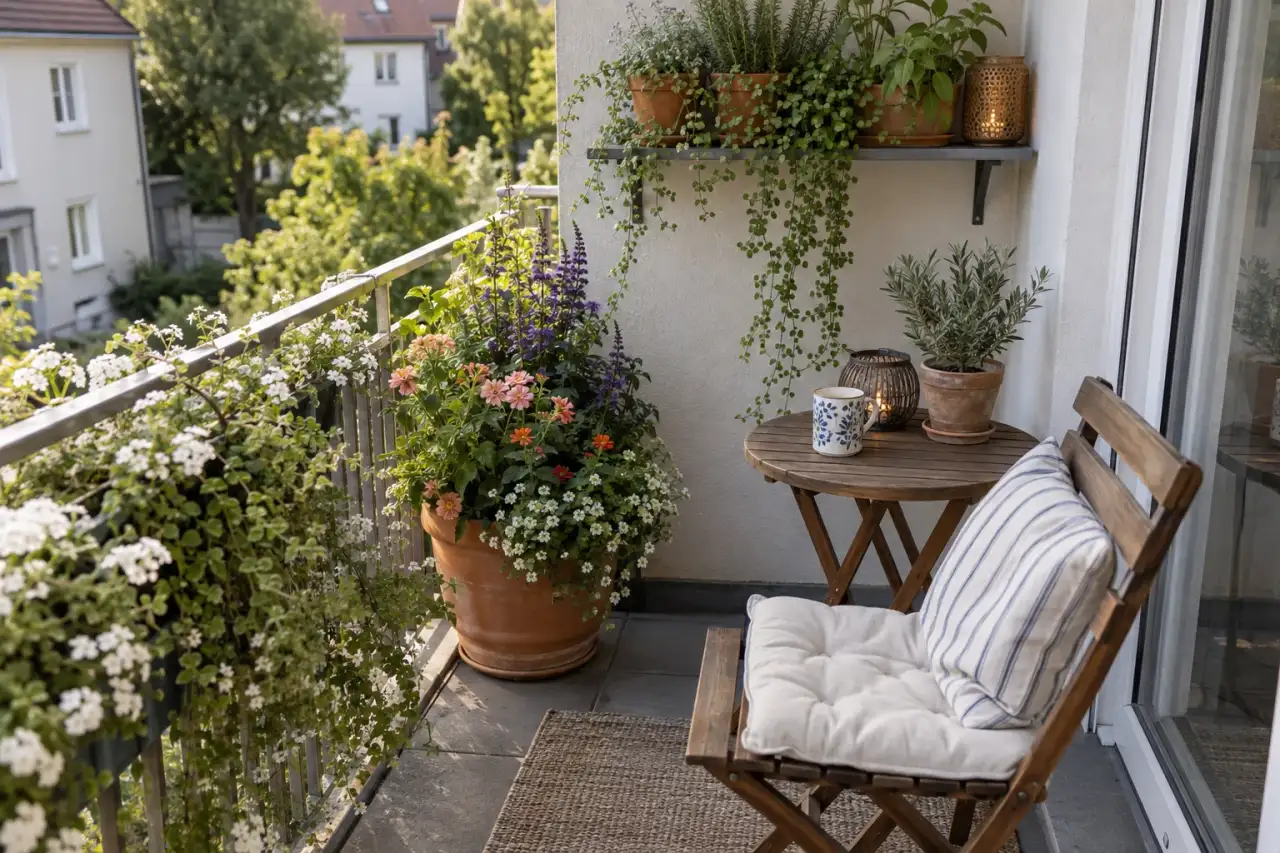 Kompakte Blütenidee für eine kleine Terrasse mit wenigen Gefäßen.