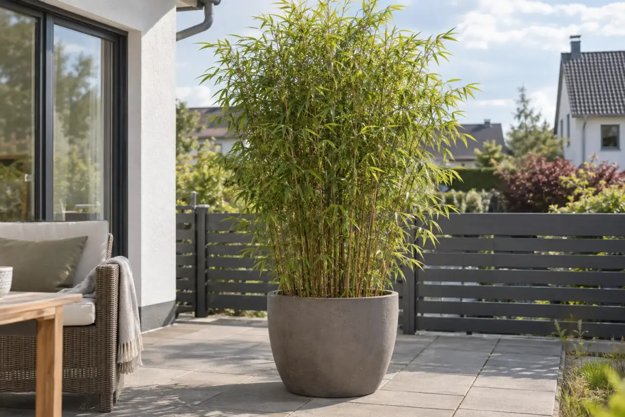 Fargesia rufa im großen Kübel auf einer Terrasse.