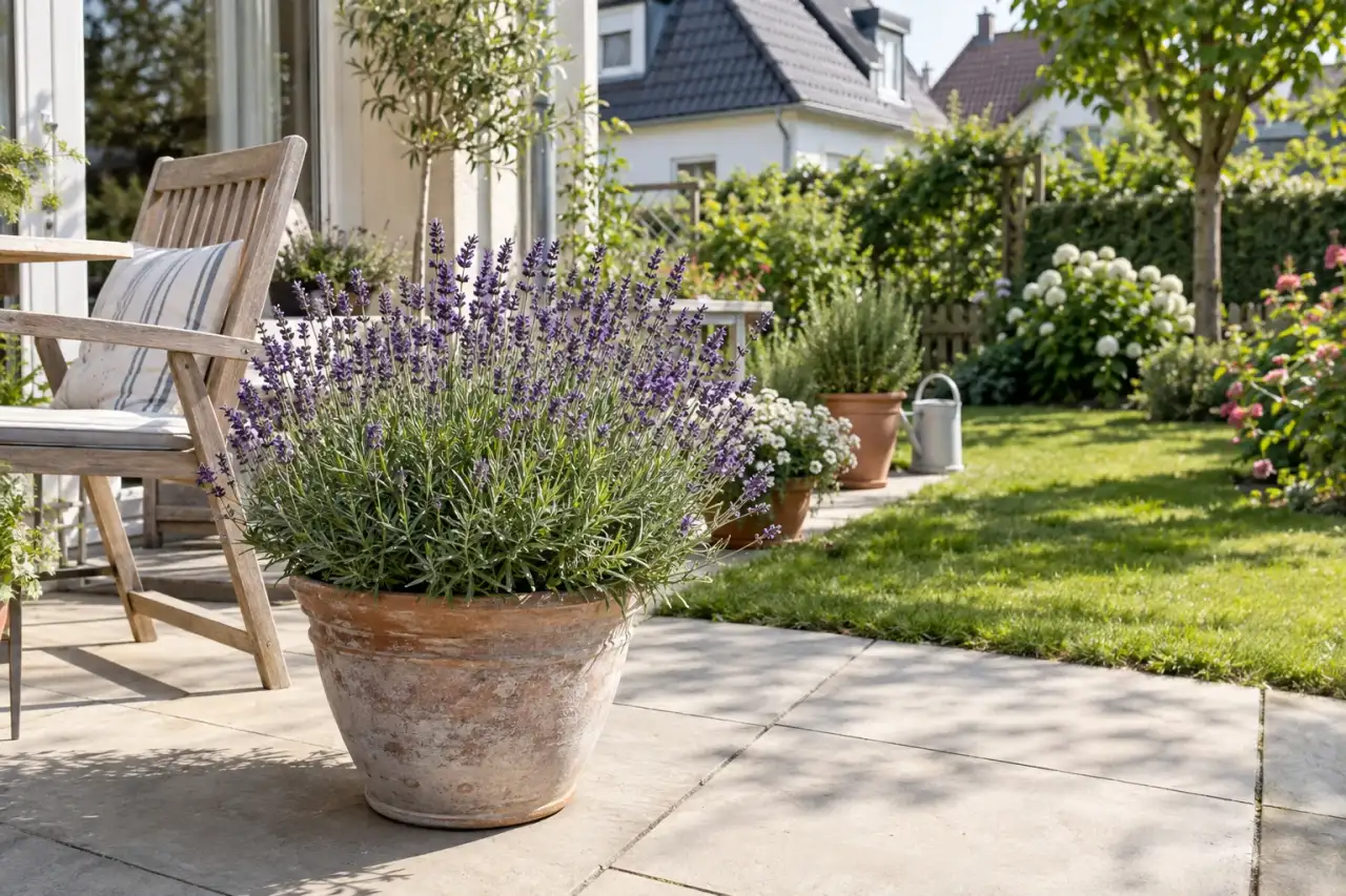 Kompakter Lavendel im Topf an einem sonnigen Sitzplatz.