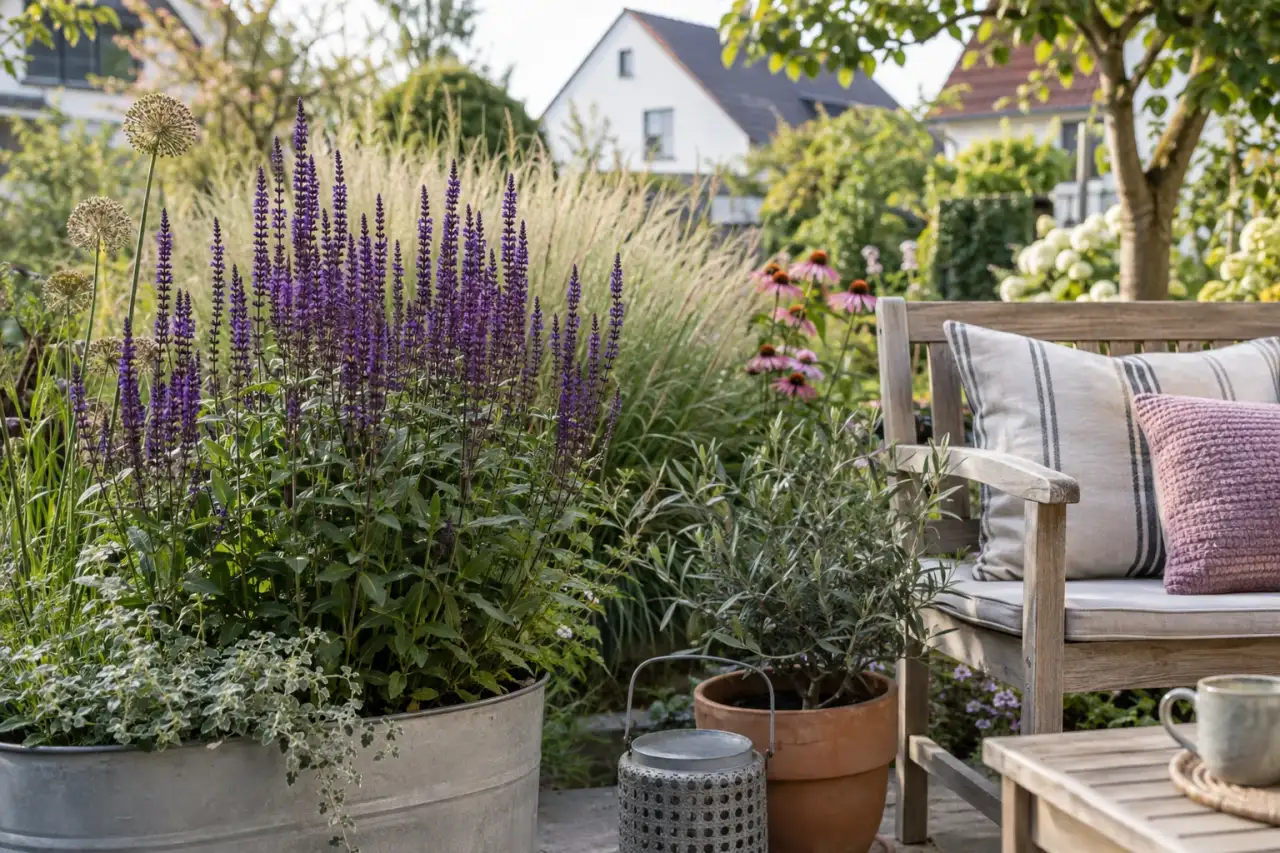 Salvia Caradonna mit dunklen Blütenkerzen im Kübel.