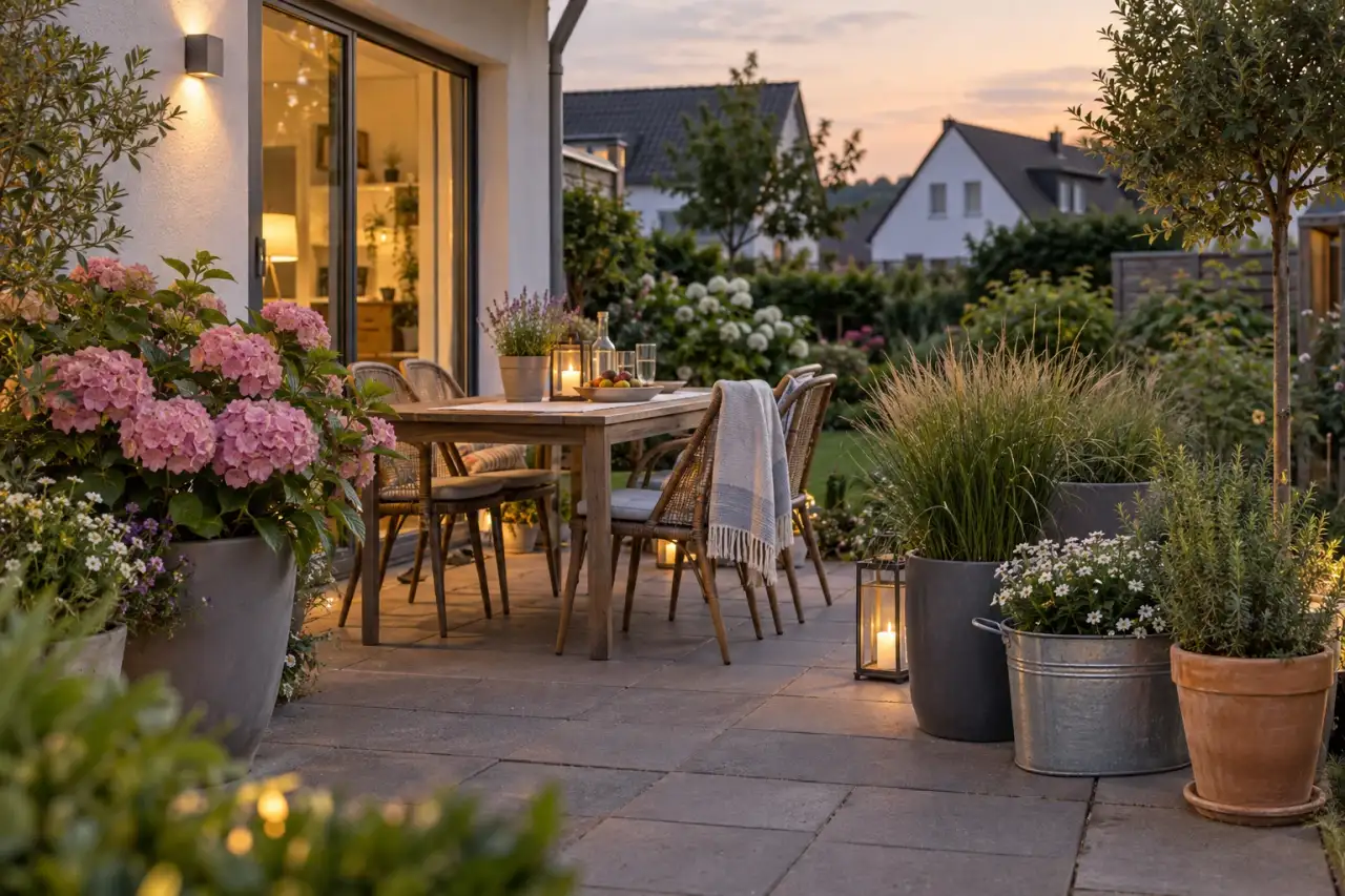 Harmonisch gestaltete Terrasse mit Blüten, Gräsern und verschiedenen Gefäßen.