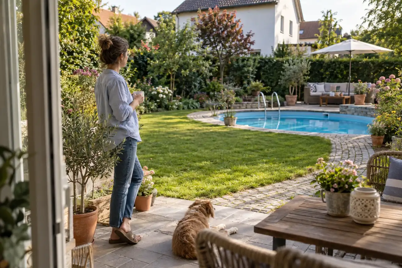 Blick vom Sitzplatz auf Pool, Weg und freie Gartenfläche.