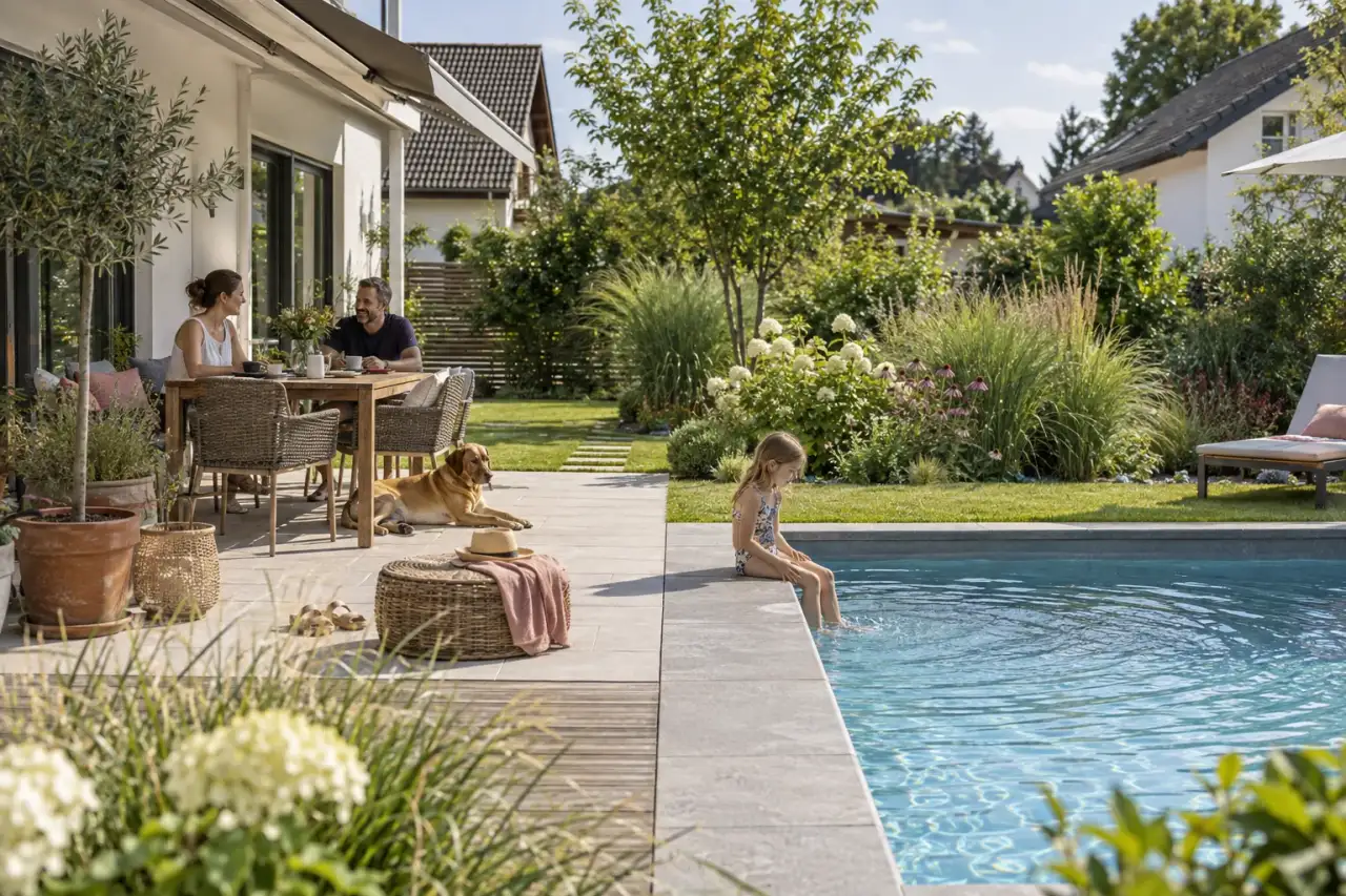 Pool mit freiem Einstieg und gestaffelter Bepflanzung.