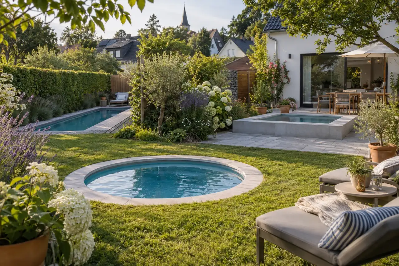 Gartenperspektive mit unterschiedlichen Poolformen in getrennten Bereichen.