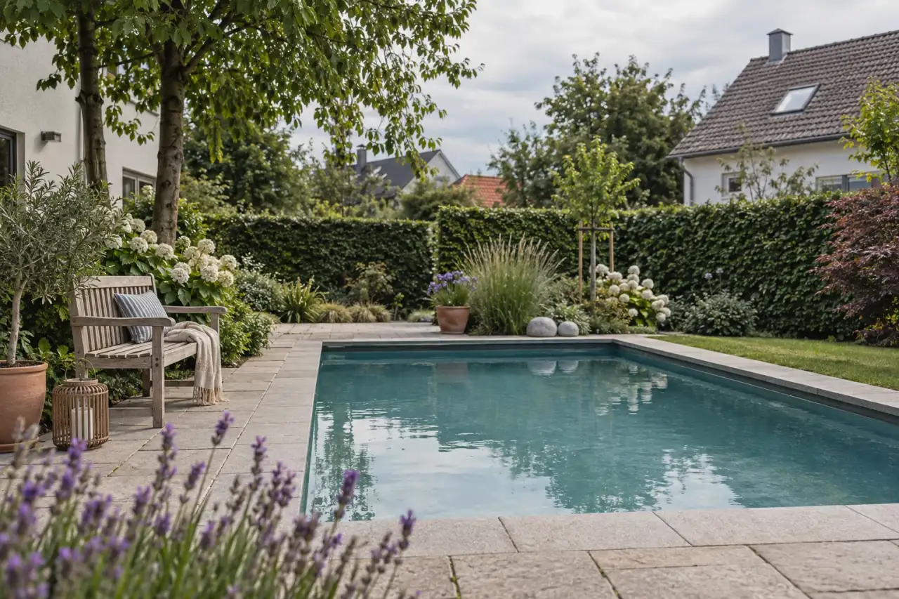 Ruhige klare Poolgestaltung mit Bank und Hecke.