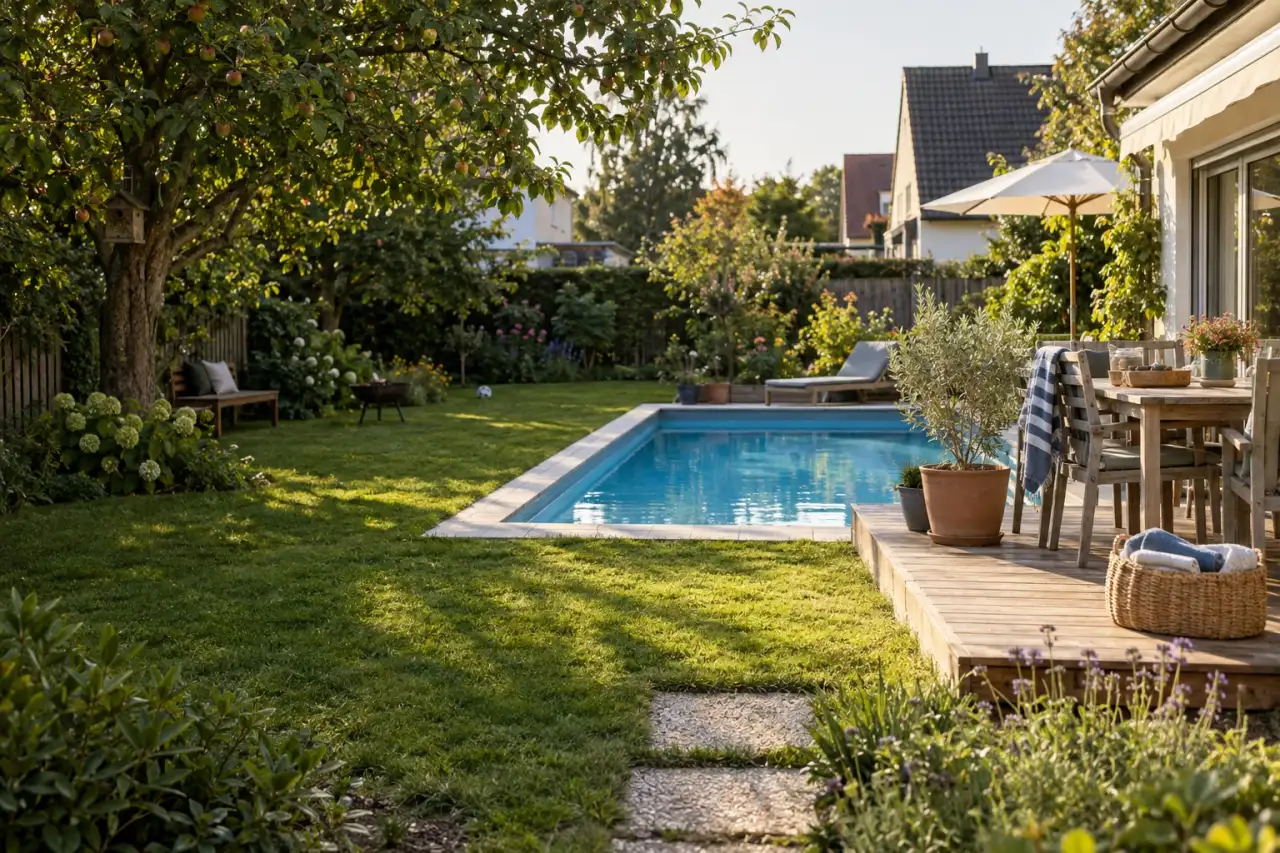 Kompakter Pool neben Holzterrasse in einem wohnlichen deutschen Garten.