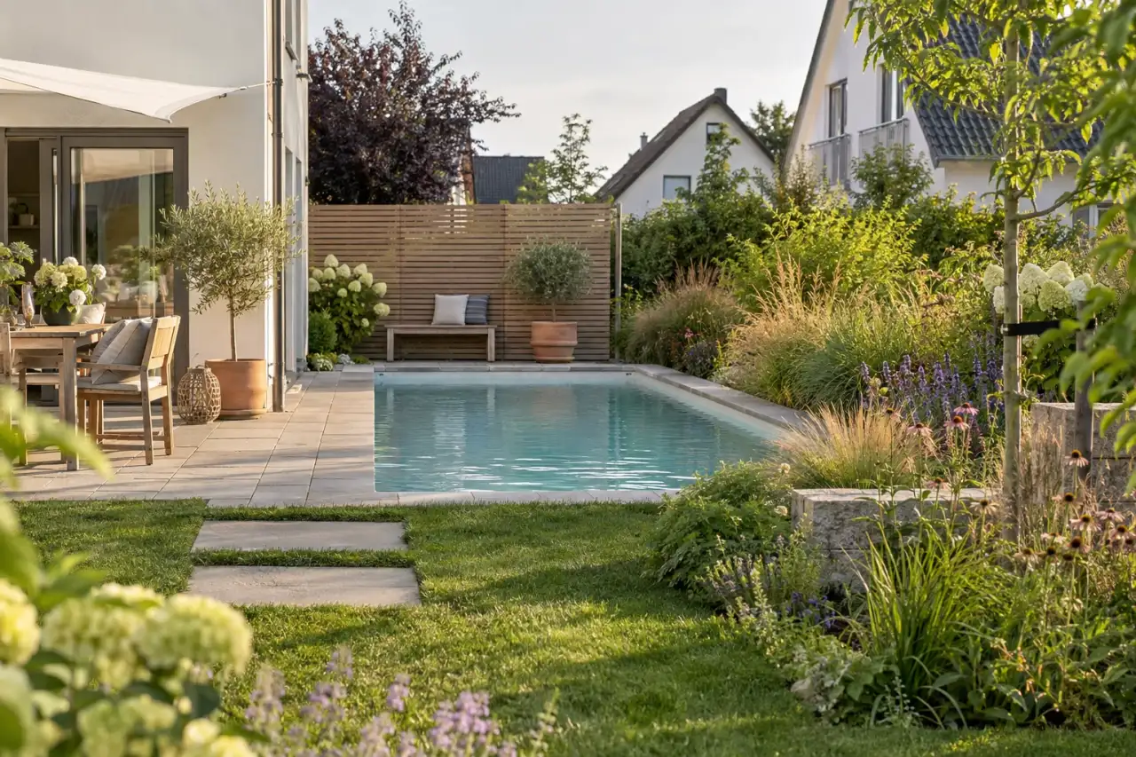 Eine reale Poolgartenszene mit Wasser, Rand, Weg, Sitzplatz, Pflanzen und Sichtschutz.