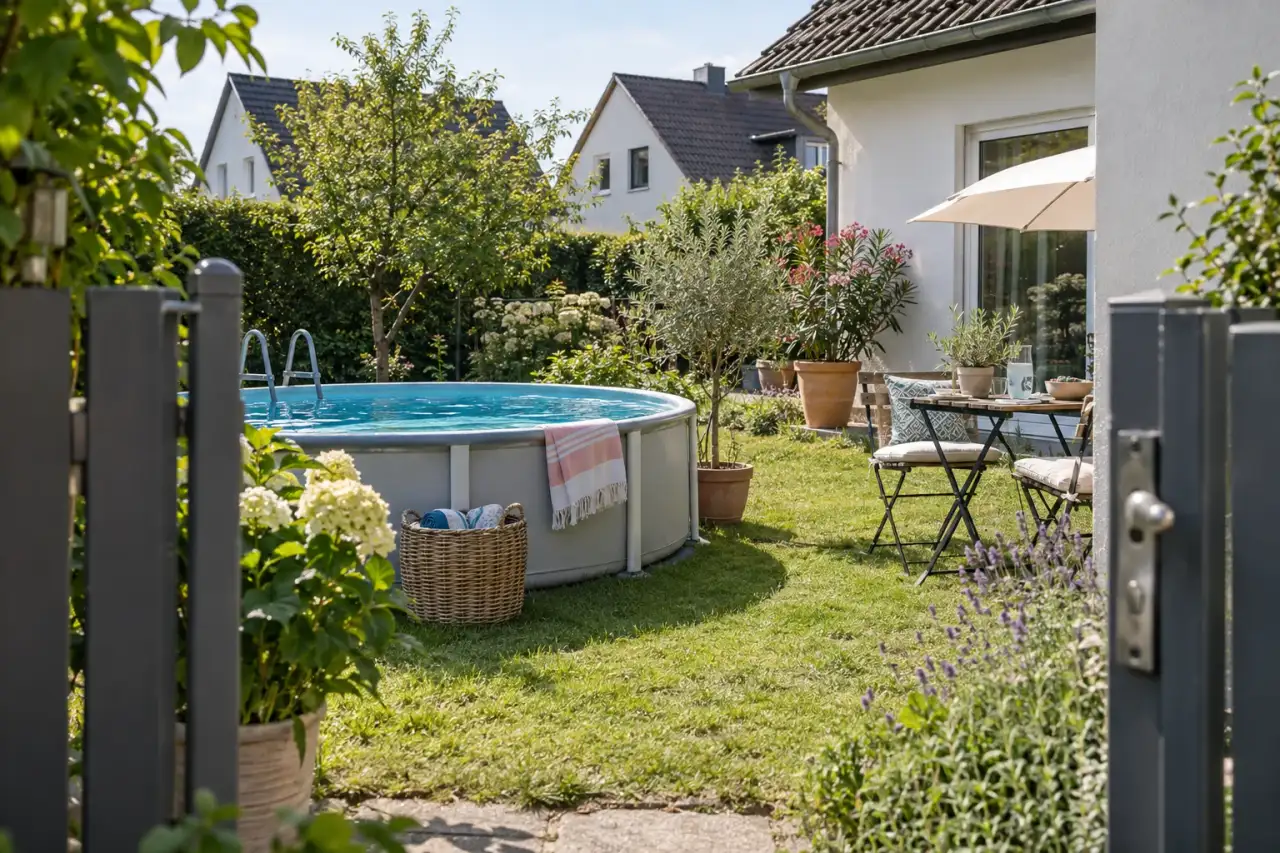 Flexibler saisonaler Pool auf kleiner Rasenfläche.