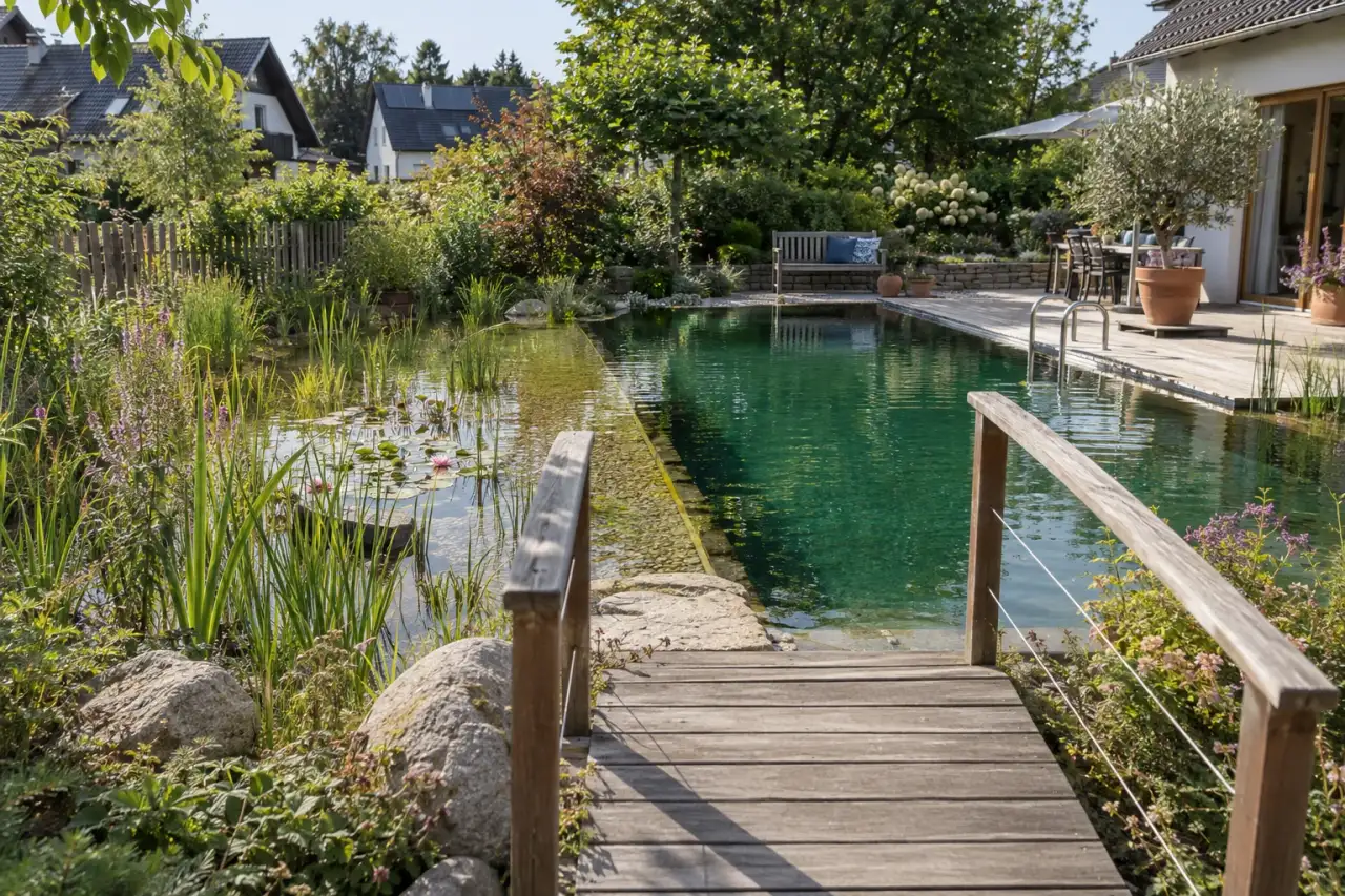 Naturnaher Pool mit getrenntem bepflanztem Regenerationsbereich.
