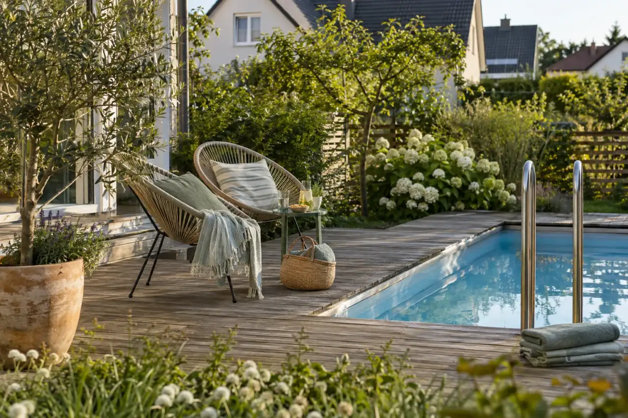 Wohnliches Holzdeck neben einem kleinen Pool.