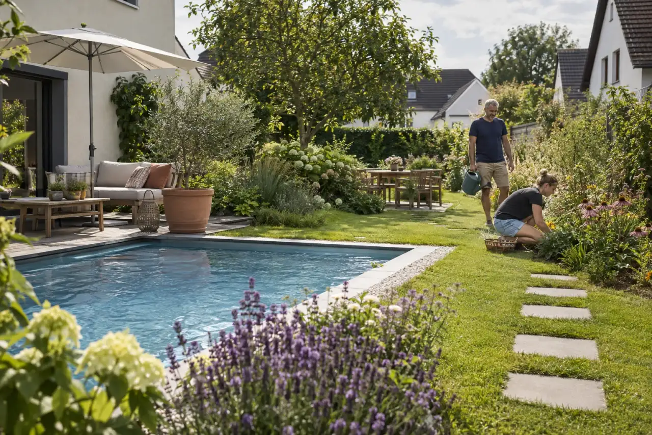 Schmale Kiesfläche als lockerer Poolübergang.
