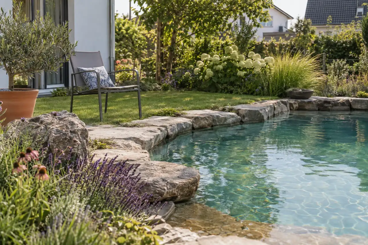 Unregelmäßige Natursteinplatten am Poolrand.