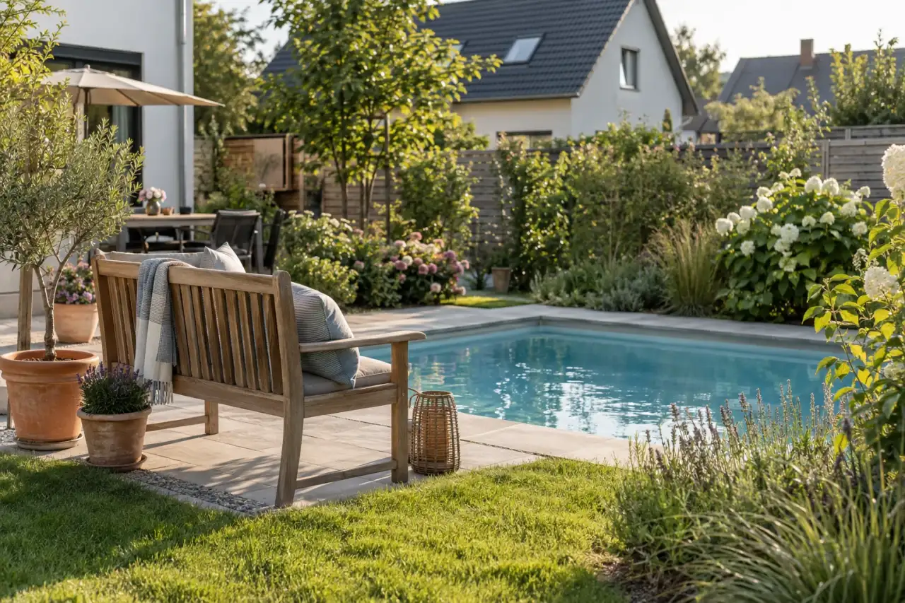 Einfache Holzbank mit Blick auf den Pool.