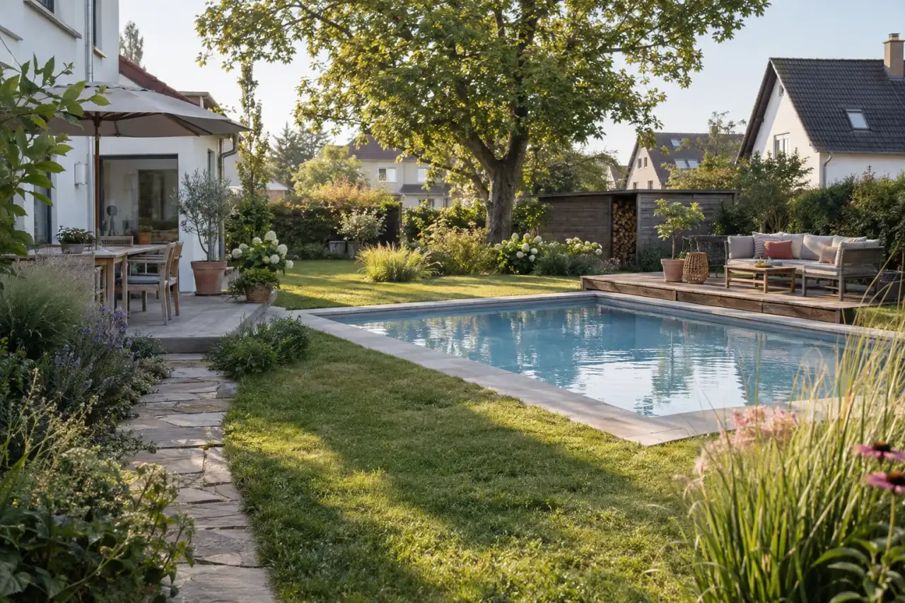 Stimmiger Poolgarten mit Wasser, Sitzplatz, Weg, Rasen und Pflanzen.