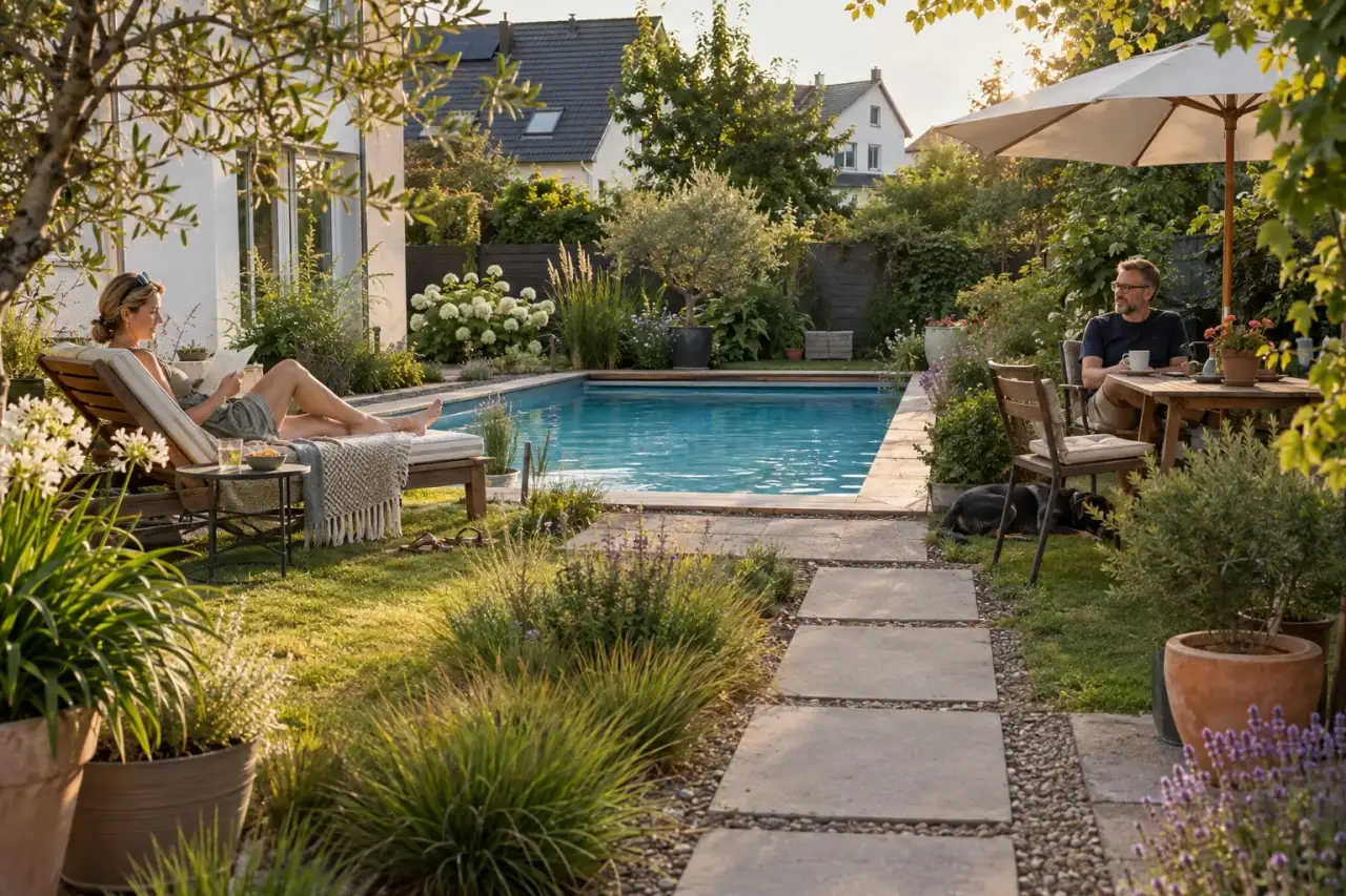 Poolgarten mit Liege, Tisch, Schattenplatz und freiem Weg.