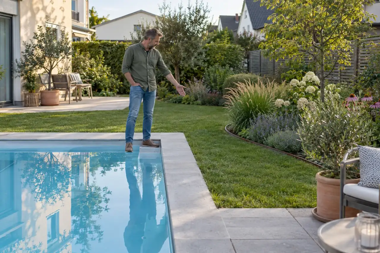 Gärtner betrachtet Poolform und Gartenlinien.