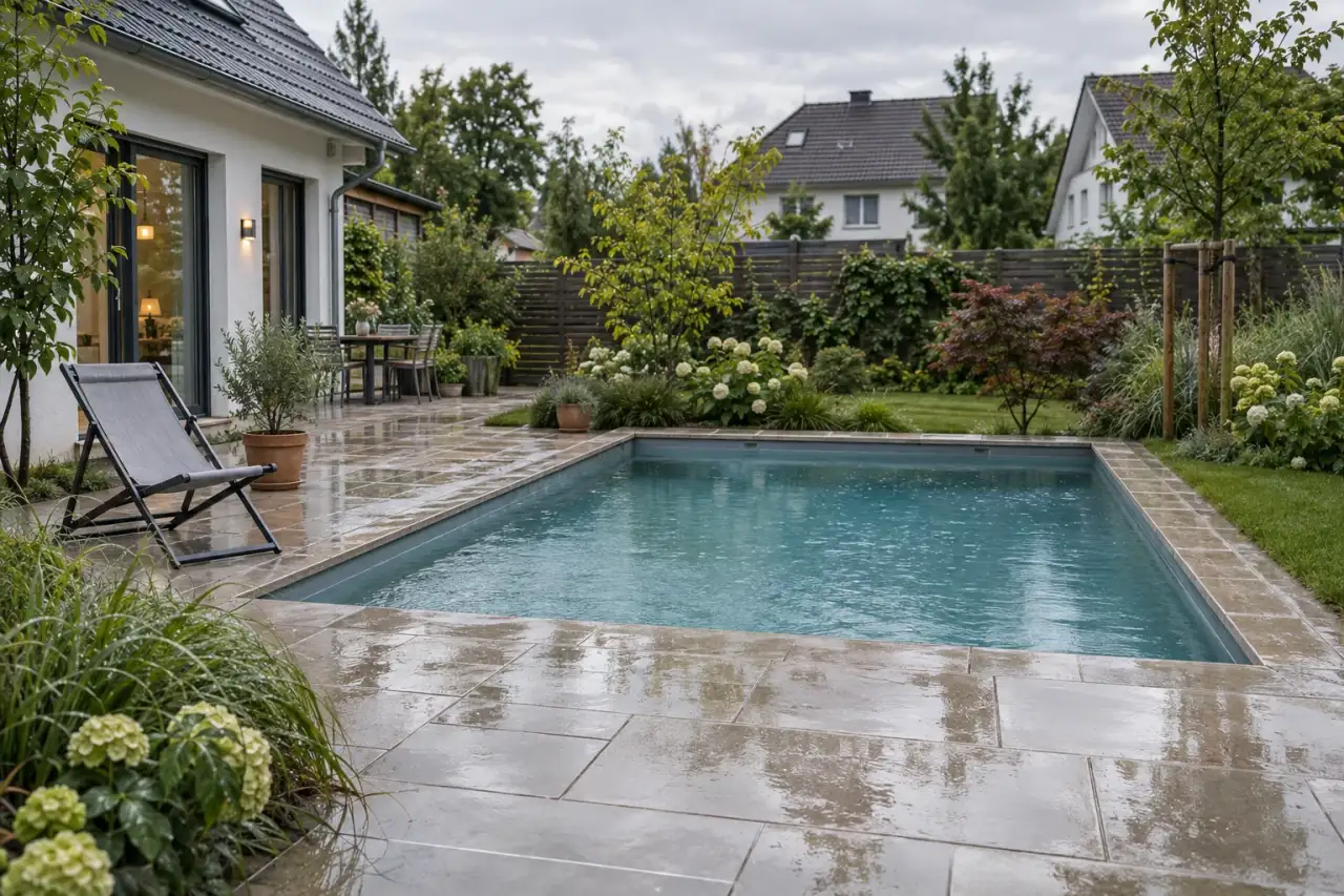 Poolterrasse nach dem Regen mit glänzendem Stein und Laub.