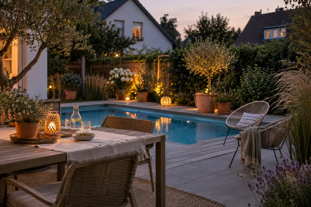 Sommerabend mit Töpfen, Tisch und ruhigem Pool.
