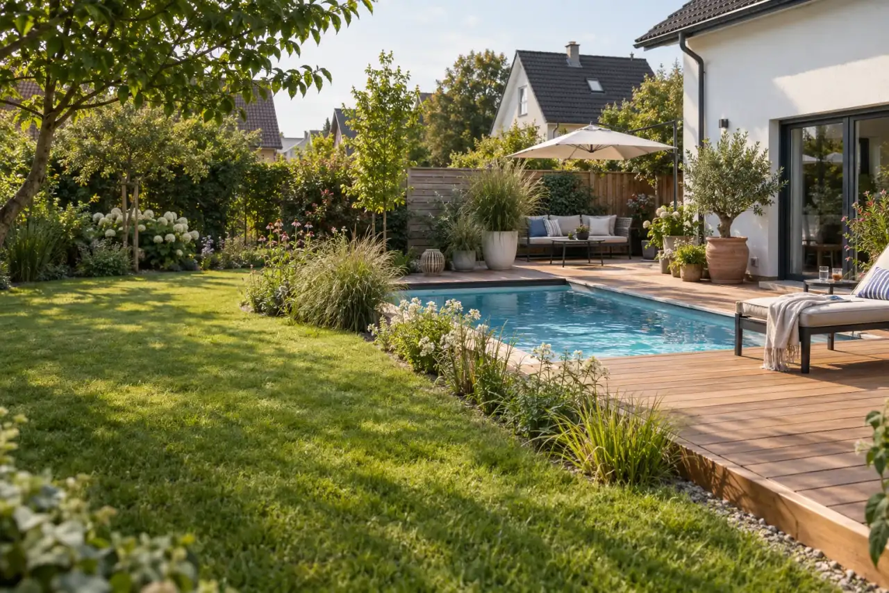 Stimmige Poolterrasse mit Holzdeck, Gräsern und Sitzplatz im Garten.
