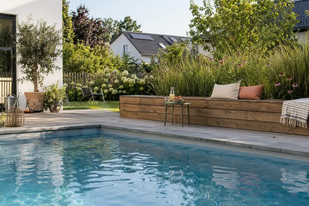 Sitzrand direkt an einer kleinen Poolterrasse.