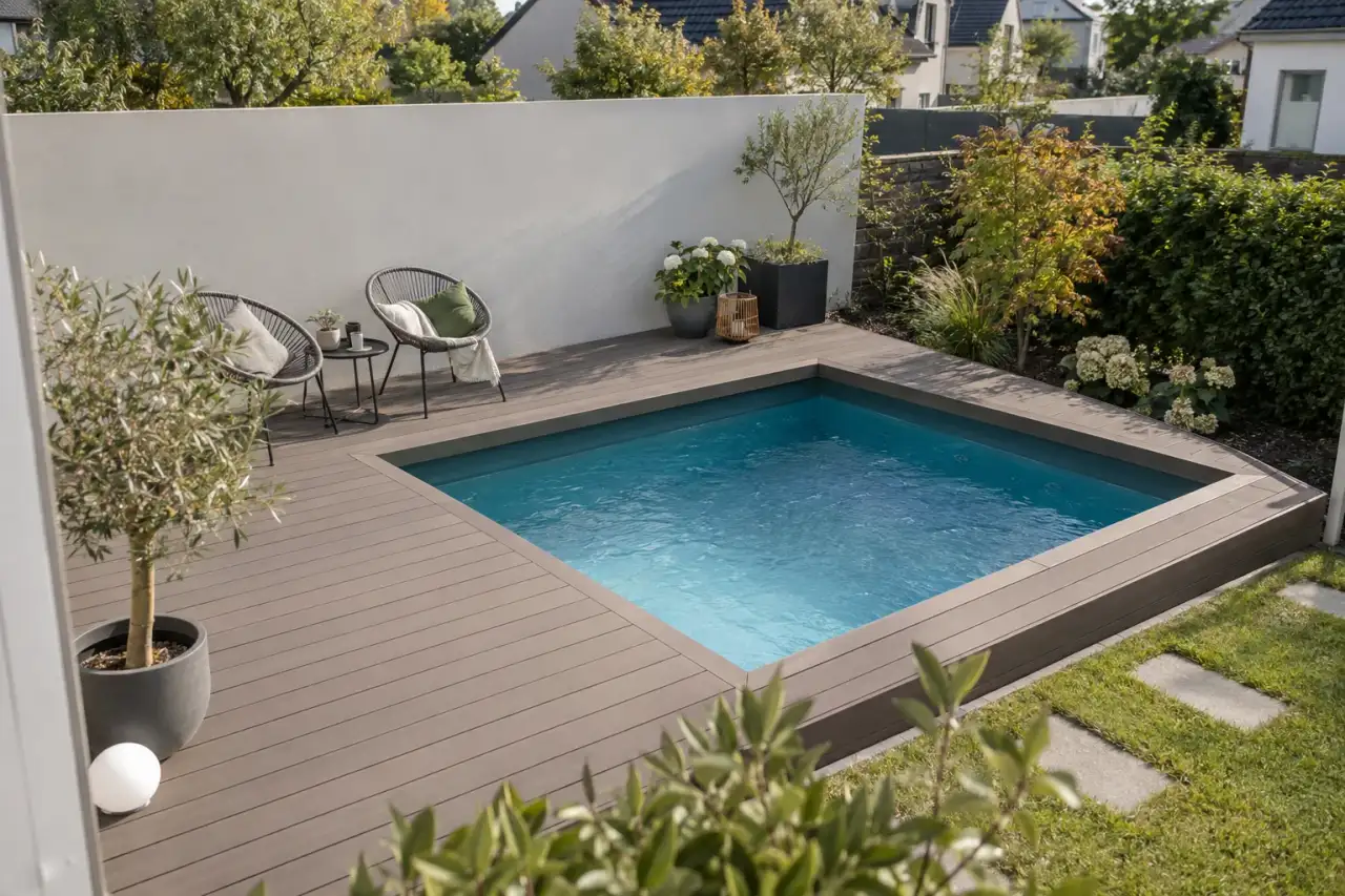 Klare WPC-Umrandung mit geometrischer Terrasse.