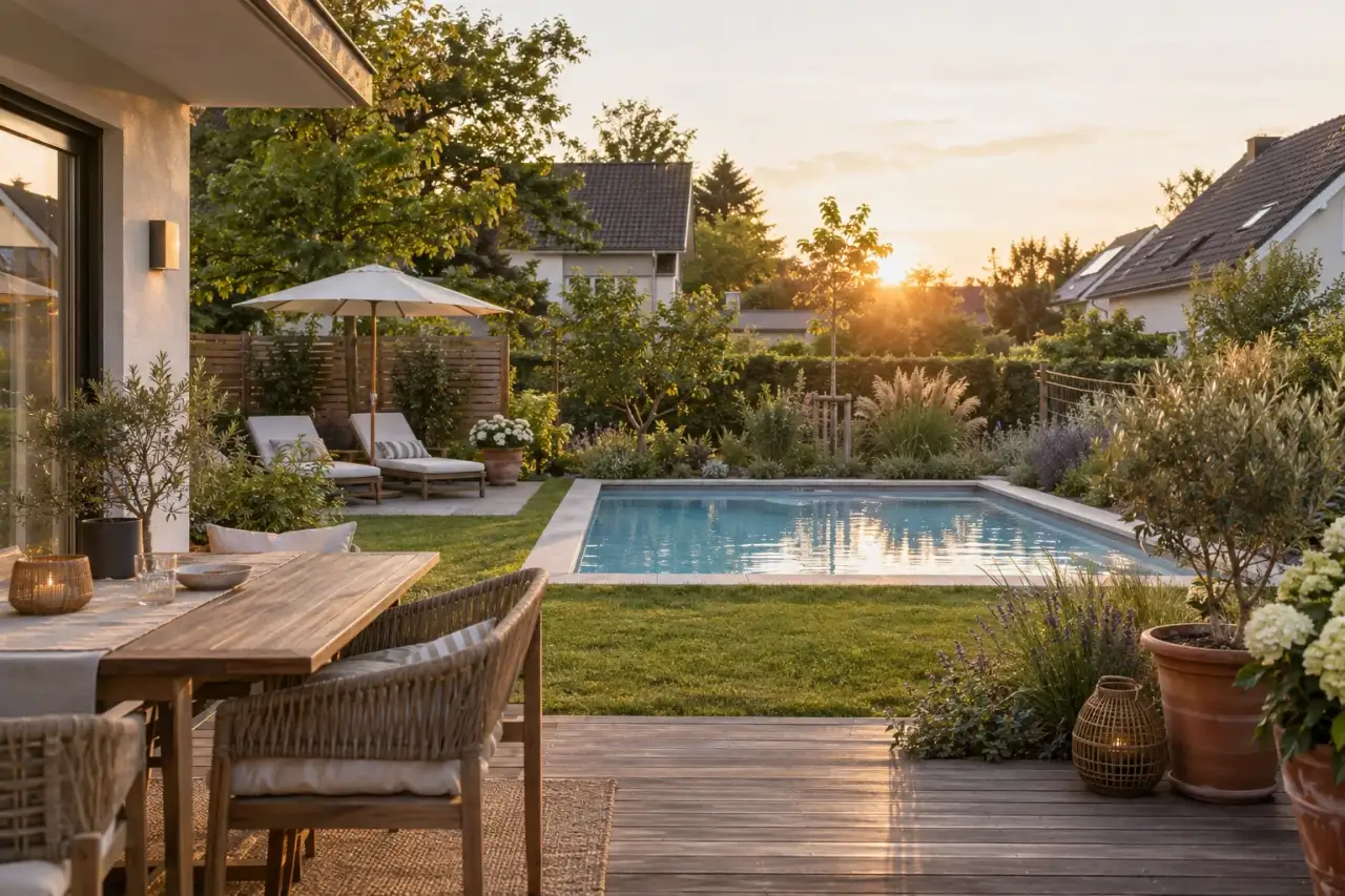 Harmonischer Poolgarten mit Terrasse, Pflanzen und Aufenthaltsplätzen.