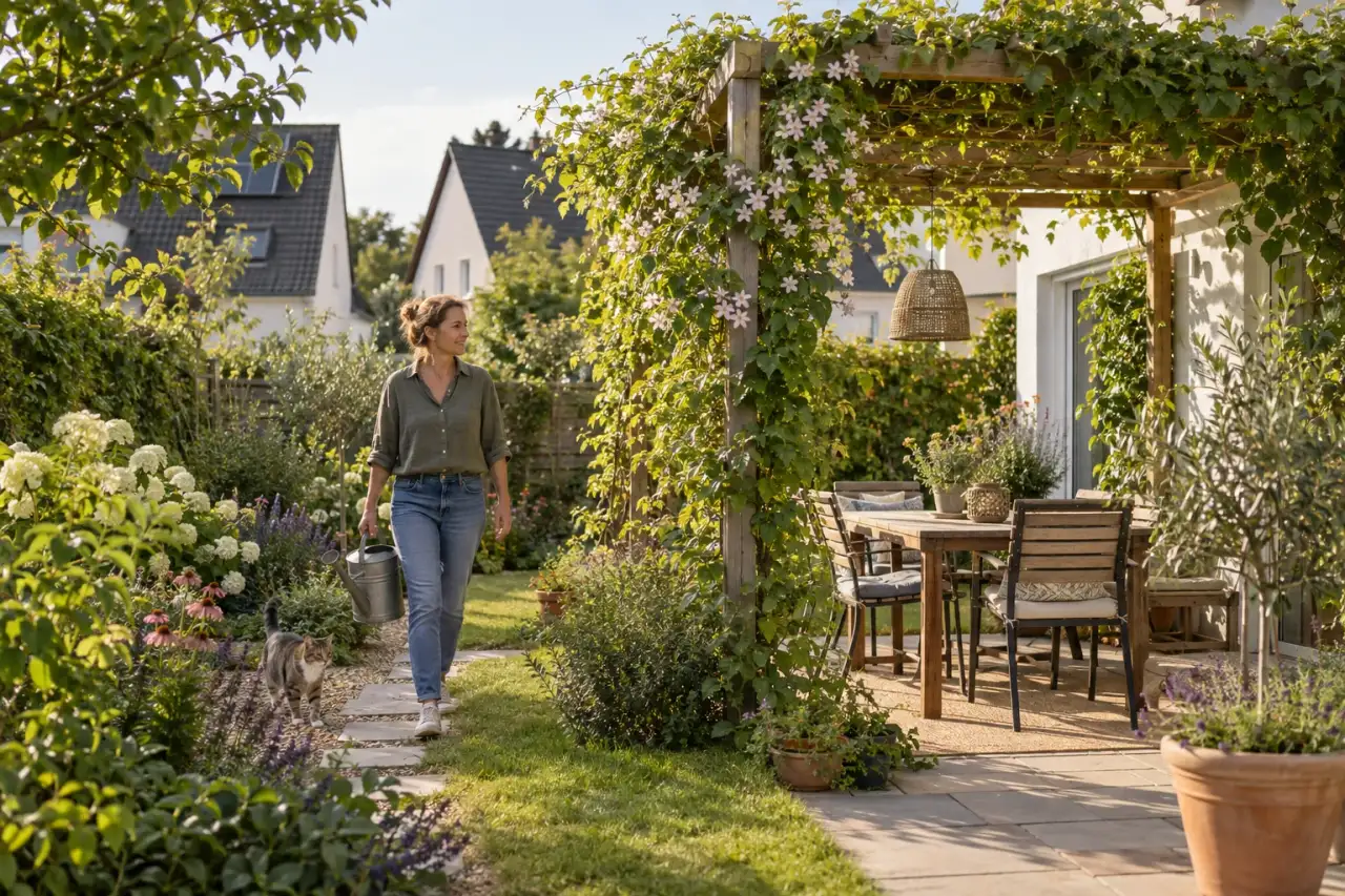 Alltagstauglicher Sitzplatz unter einer fertig begrünten Pergola.