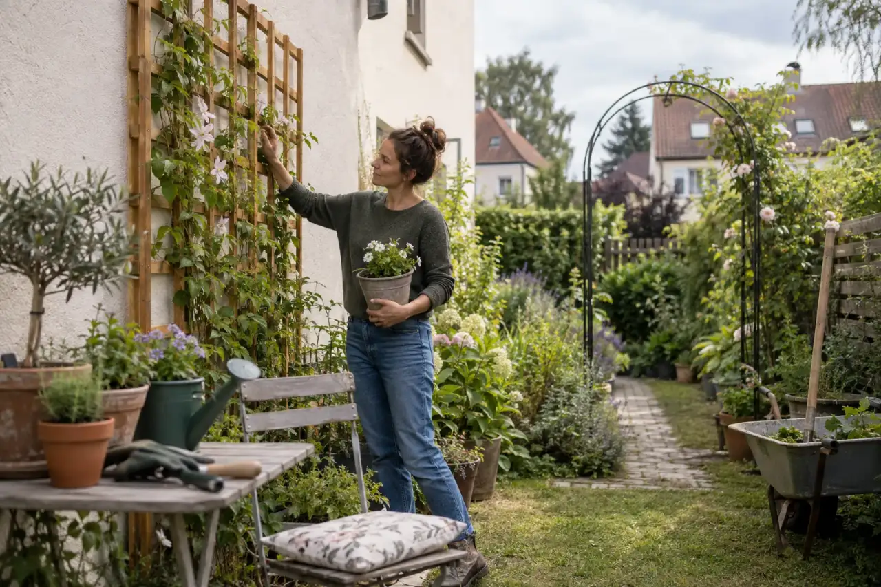 Holzrankgitter und Metallbogen zeigen unterschiedliche Materialwirkungen im Garten.