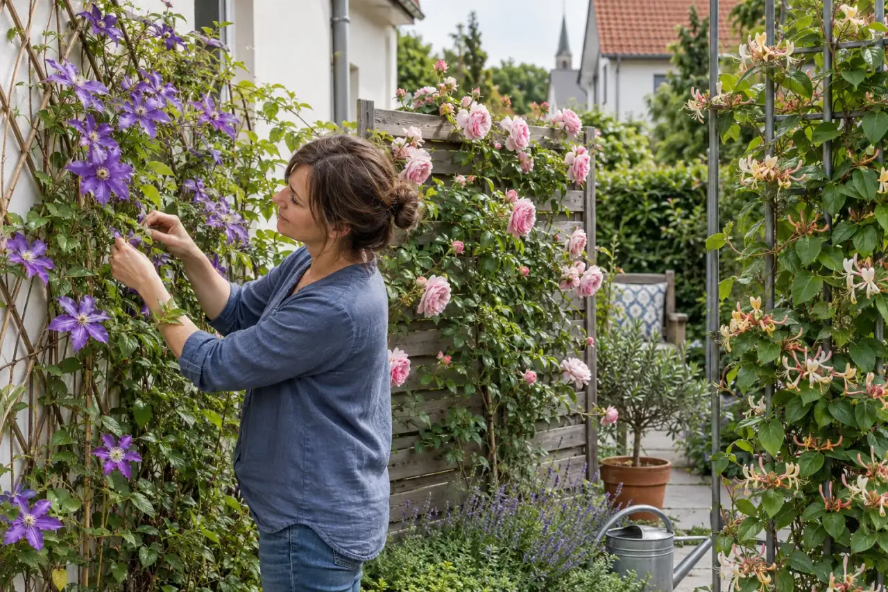 Gärtnerin verbindet Clematis, Kletterrose und Geißblatt mit passenden Strukturen.