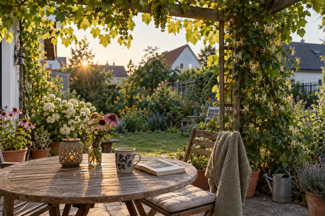 Gefiltertes Abendlicht fällt auf einen Stuhl unter Wein- und Geißblattlaub.